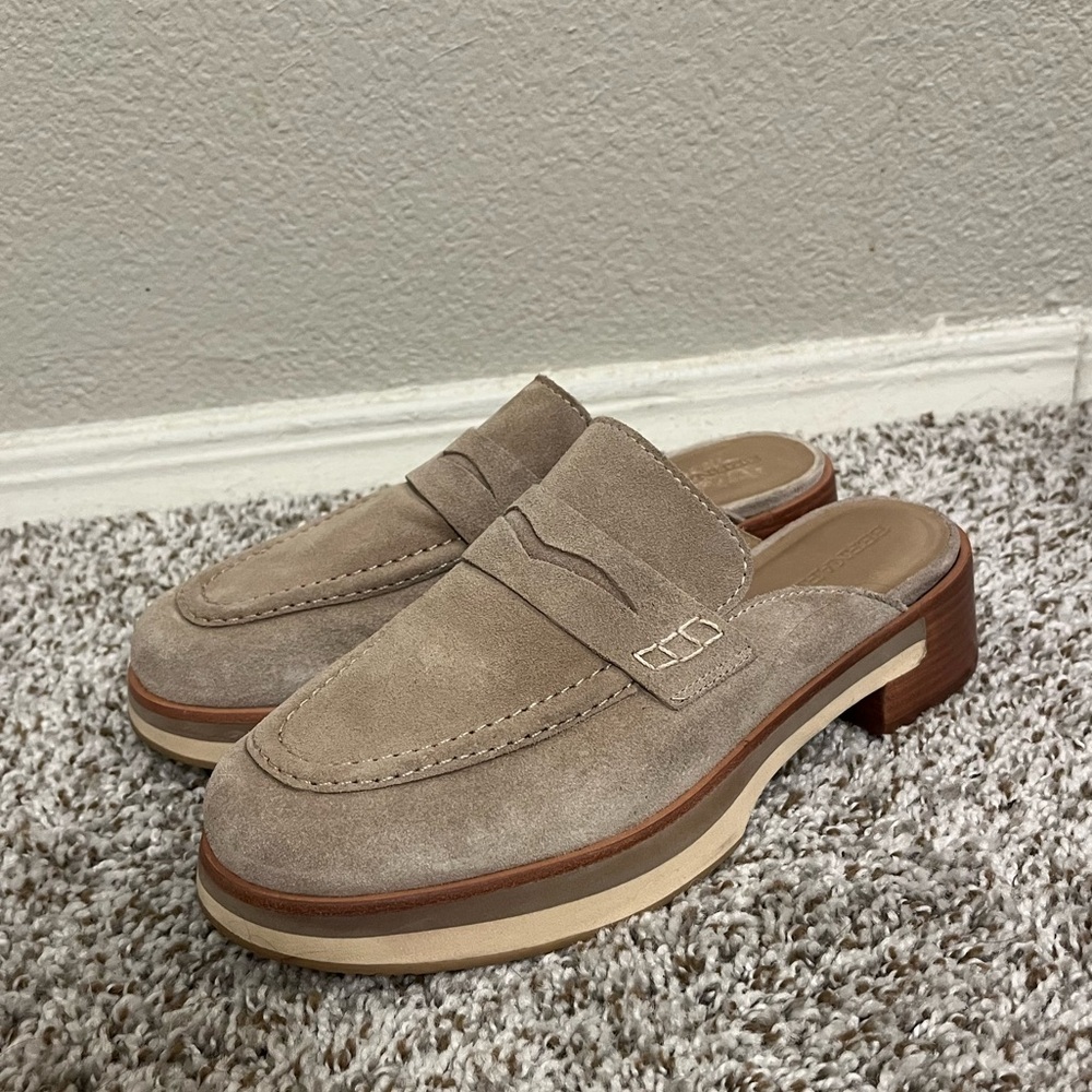 Bernardo Suri Penny Loafer Mules in Suede Grayish Tan Women's Size 8